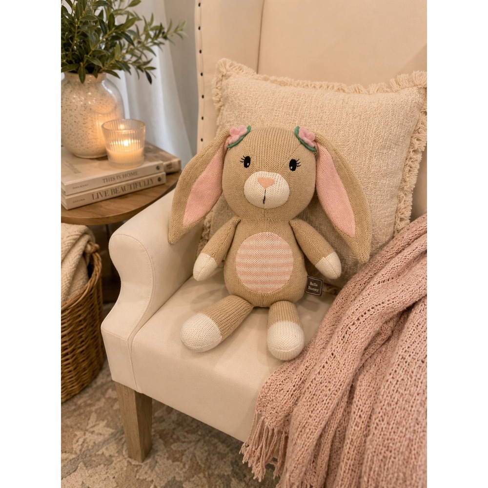 Cuddle + Kind Belle Bunny Knit Stuffed Animal Plush Tan Pink Floral Nursery Toy - Picture 1 of 5
